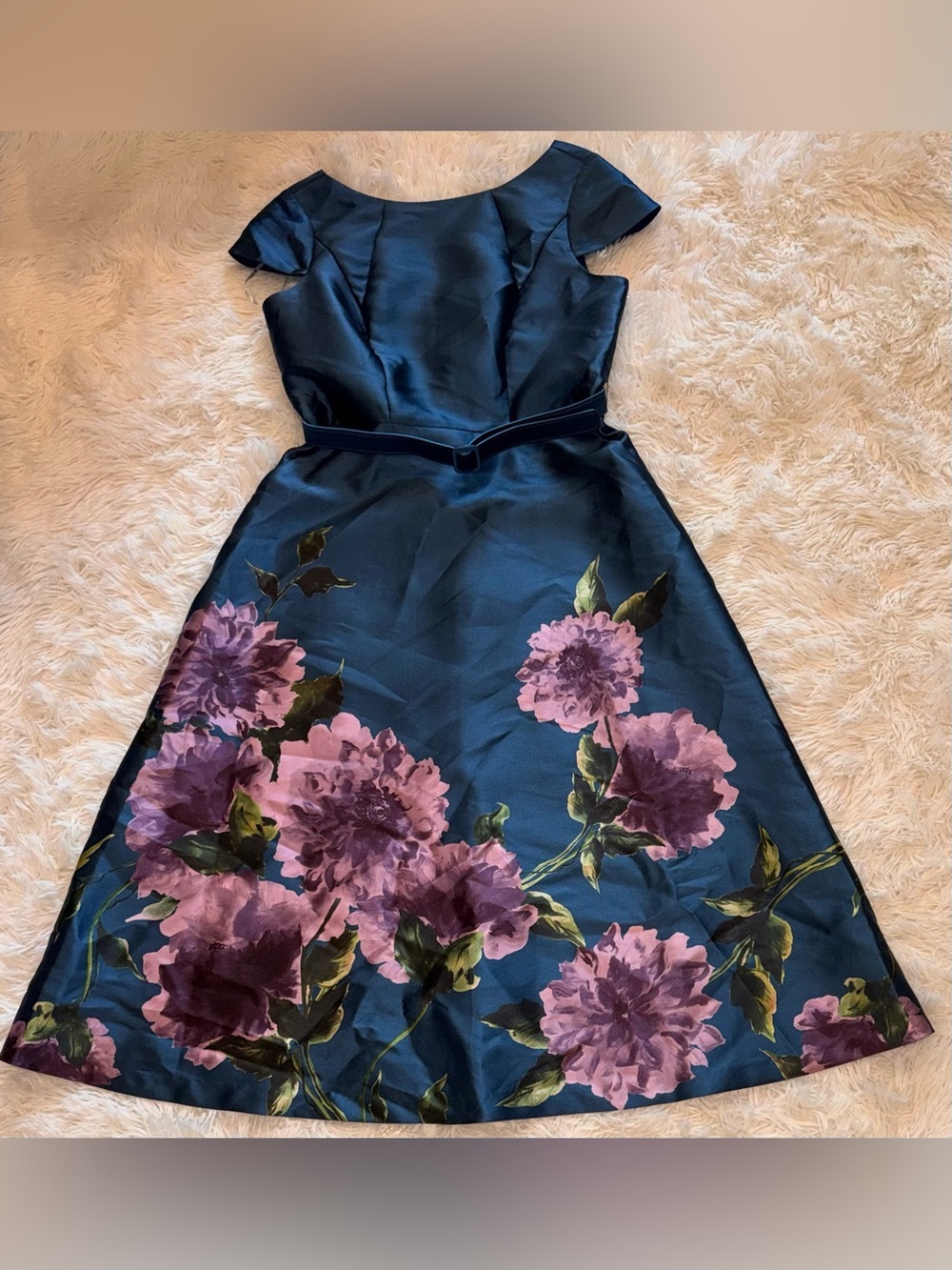 NWOT Kay Unger Ina Floral Belted midi teal blue French Rose Dress sz 12 - Picture 5 of 9